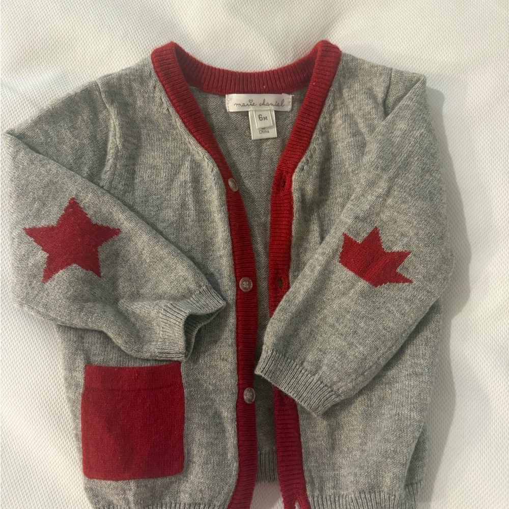 Marie Chantal Gray Cardigan with Red Accents